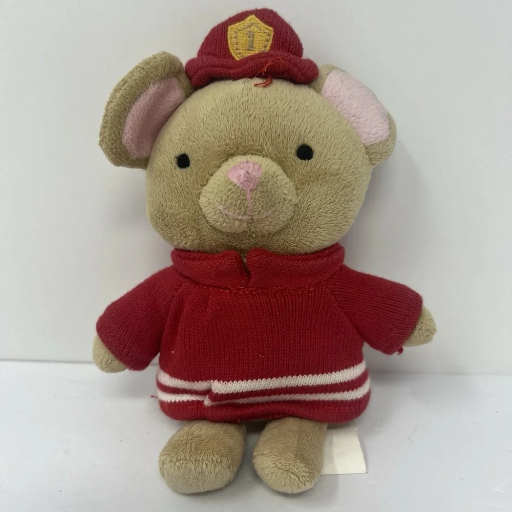 Gymboree Fireman Mouse Plush One Size Tan Red Rattle Stuffed Animal Lovey Toy